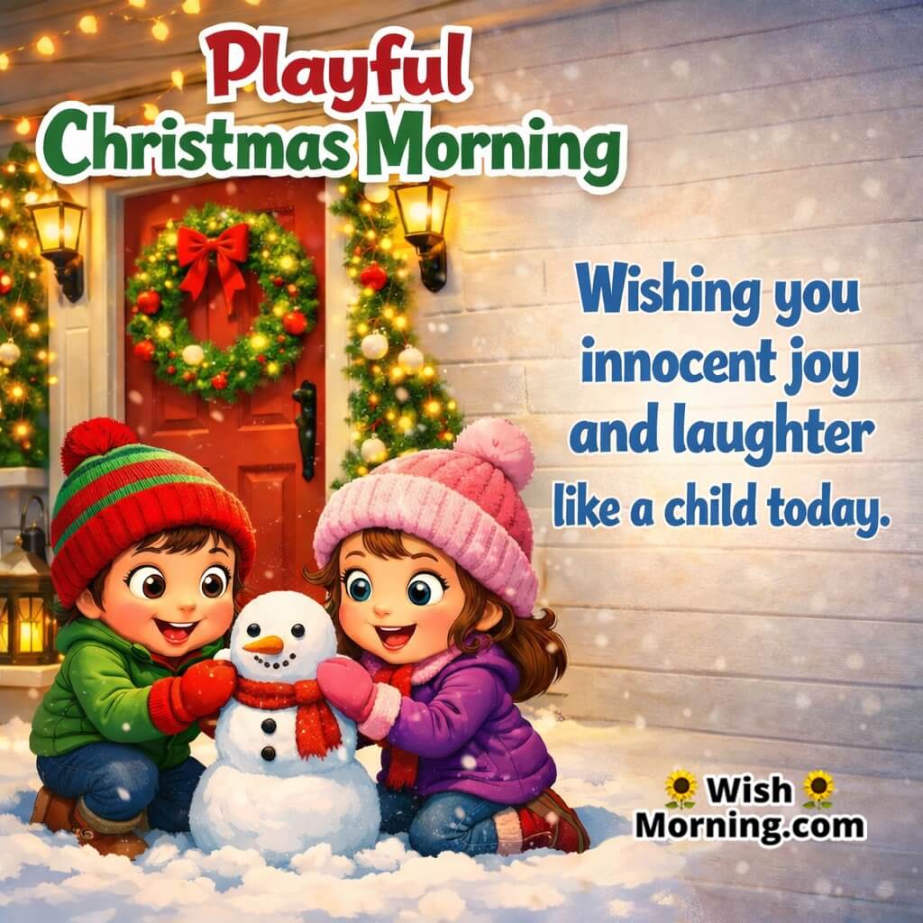 Playful Winter Christmas Morning Wish image featuring cheerful winter holiday vibes symbolizing innocence, laughter, and joyful memories.
