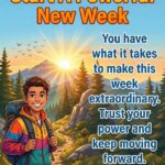 Powerful New Week Motivation Quote image featuring a determined person climbing a sunrise mountain trail symbolizing courage, focus, and strong beginnings.