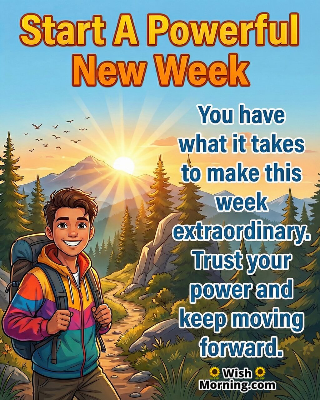 Powerful New Week Motivation Quote image featuring a determined person climbing a sunrise mountain trail symbolizing courage, focus, and strong beginnings.
