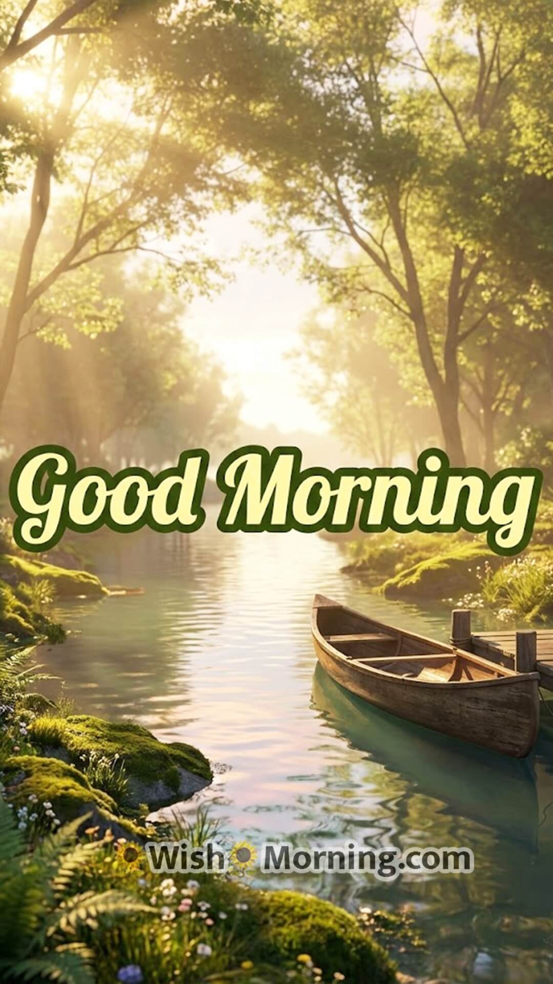 Good Morning sunrise wallpaper featuring a peaceful 3D morning scene along a quiet riverbank.