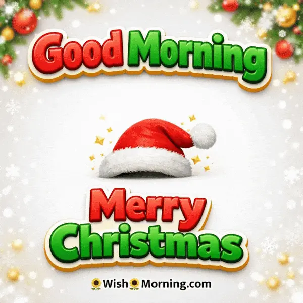 Animated Good Morning Merry Christmas sticker GIF showing a Santa hat popping with sparkles, symbolizing playful Christmas cheer.