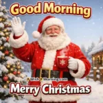 Animated Good Morning Merry Christmas GIF showing Santa waving with a coffee mug in falling snow, symbolizing cheer and festive happiness.