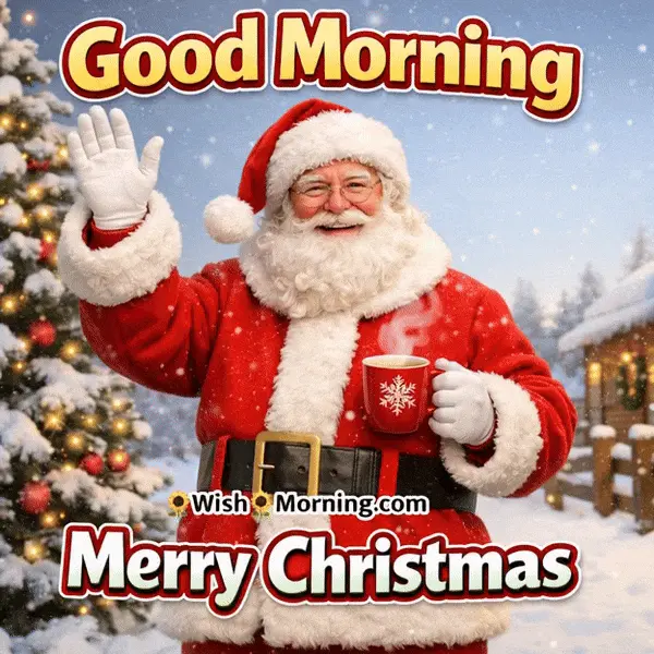 Animated Good Morning Merry Christmas GIF showing Santa waving with a coffee mug in falling snow, symbolizing cheer and festive happiness.