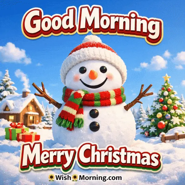 Animated Good Morning Merry Christmas GIF showing a cheerful snowman in falling snow, symbolizing winter joy and festive cheer.