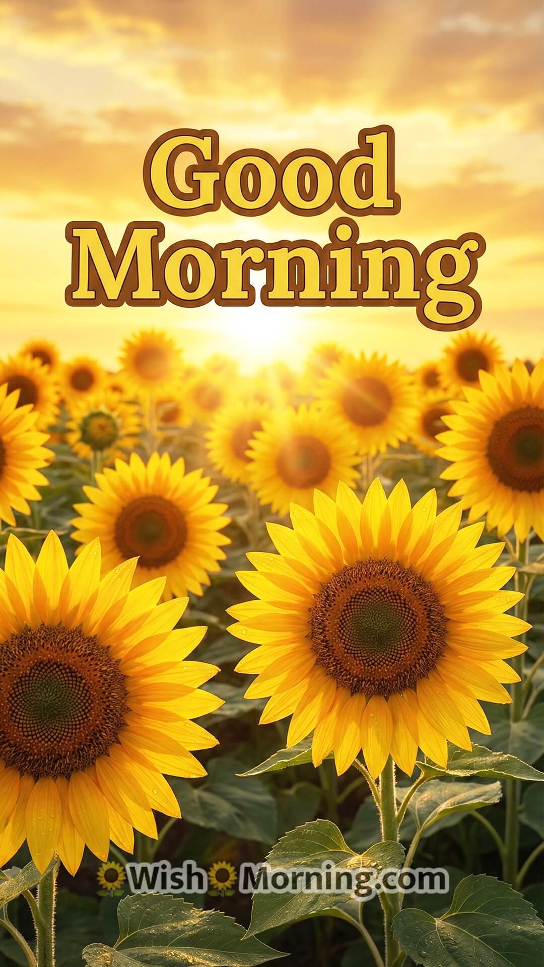 Good Morning mobile-friendly wallpaper showing bright 3D sunflowers facing early morning sunlight.