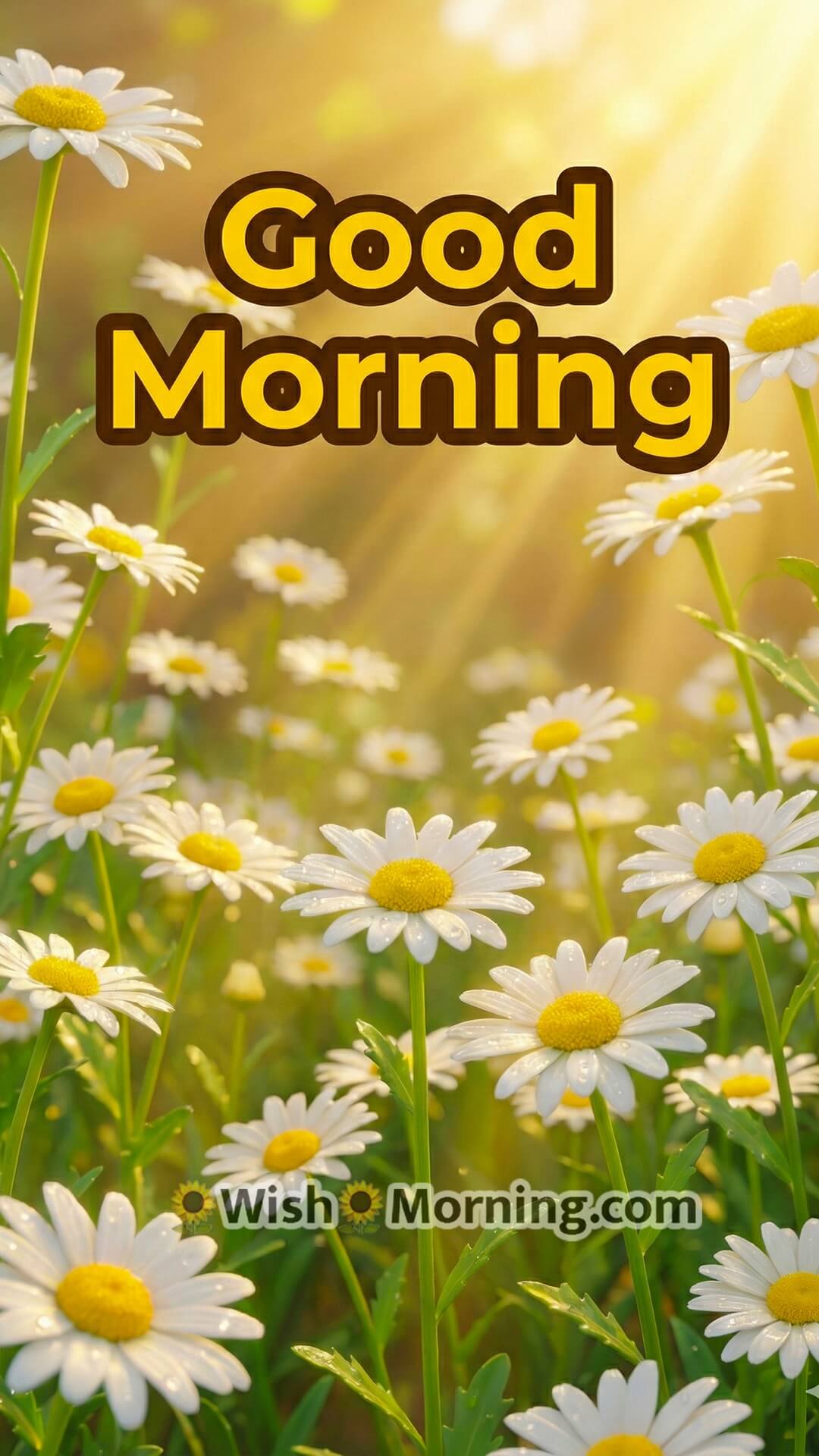 Good Morning mobile-friendly wallpaper featuring cheerful 3D daisies under golden morning rays.