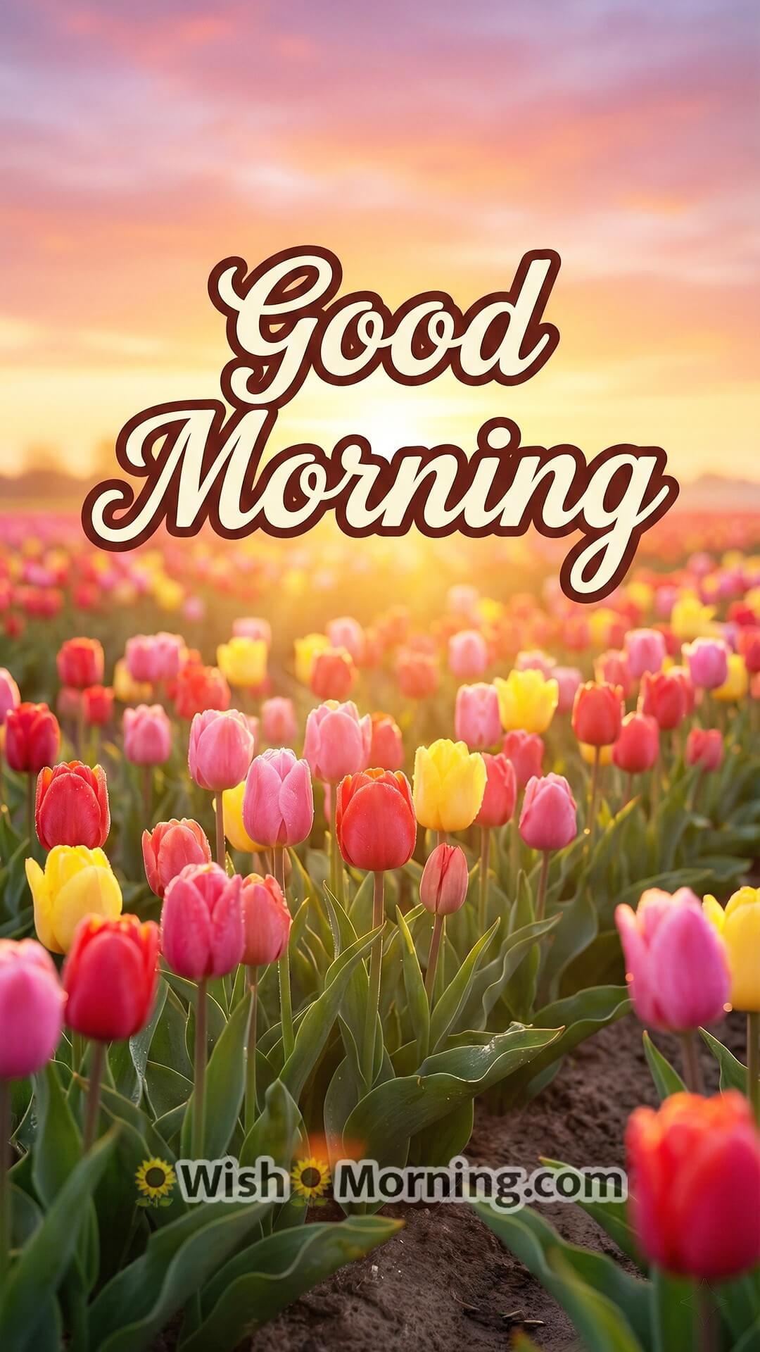 Good Morning mobile-friendly wallpaper showing colourful 3D tulips glowing under a rising sun.