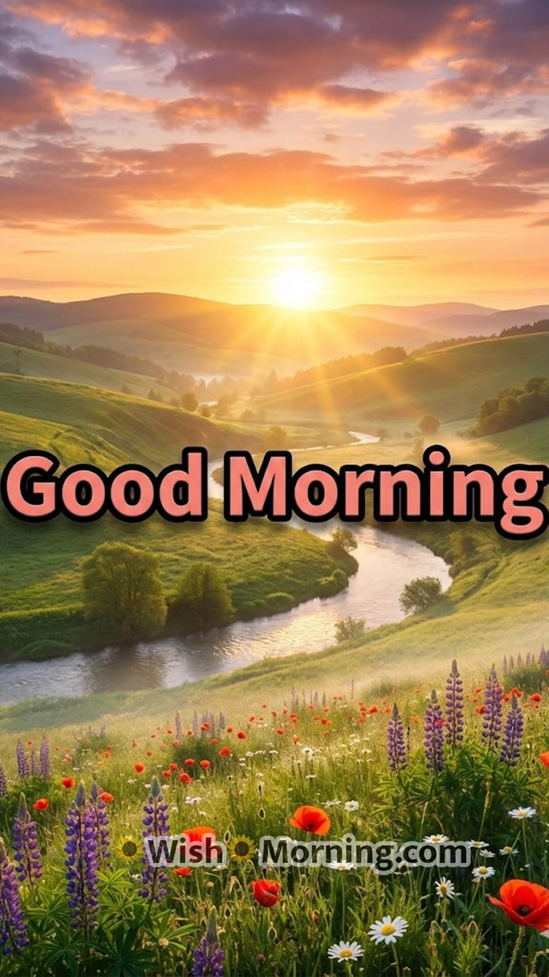 Good Morning mobile wallpaper showing a vibrant 3D sunrise over a green valley with morning light.