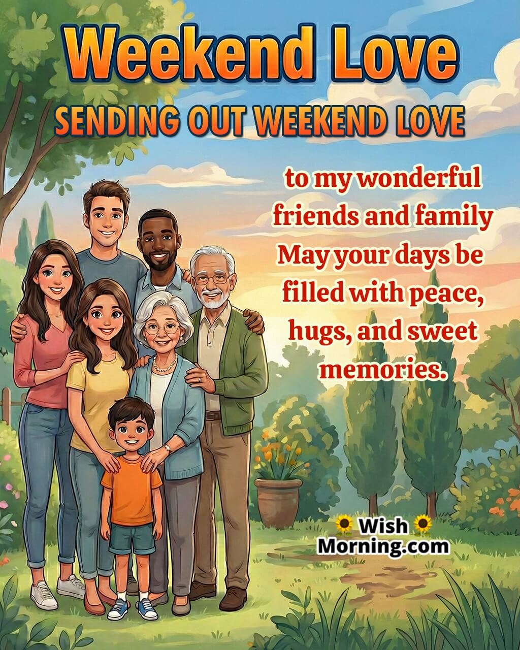 Weekend love and friendship image featuring friends and family standing together in a warm, joyful setting, symbolizing togetherness, affection, and shared happiness.