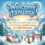 Welcome January Fresh Beginnings Wishes featuring a cheerful winter village scene with sunrise snow trees and joyful people symbolising hope positivity and a new month.