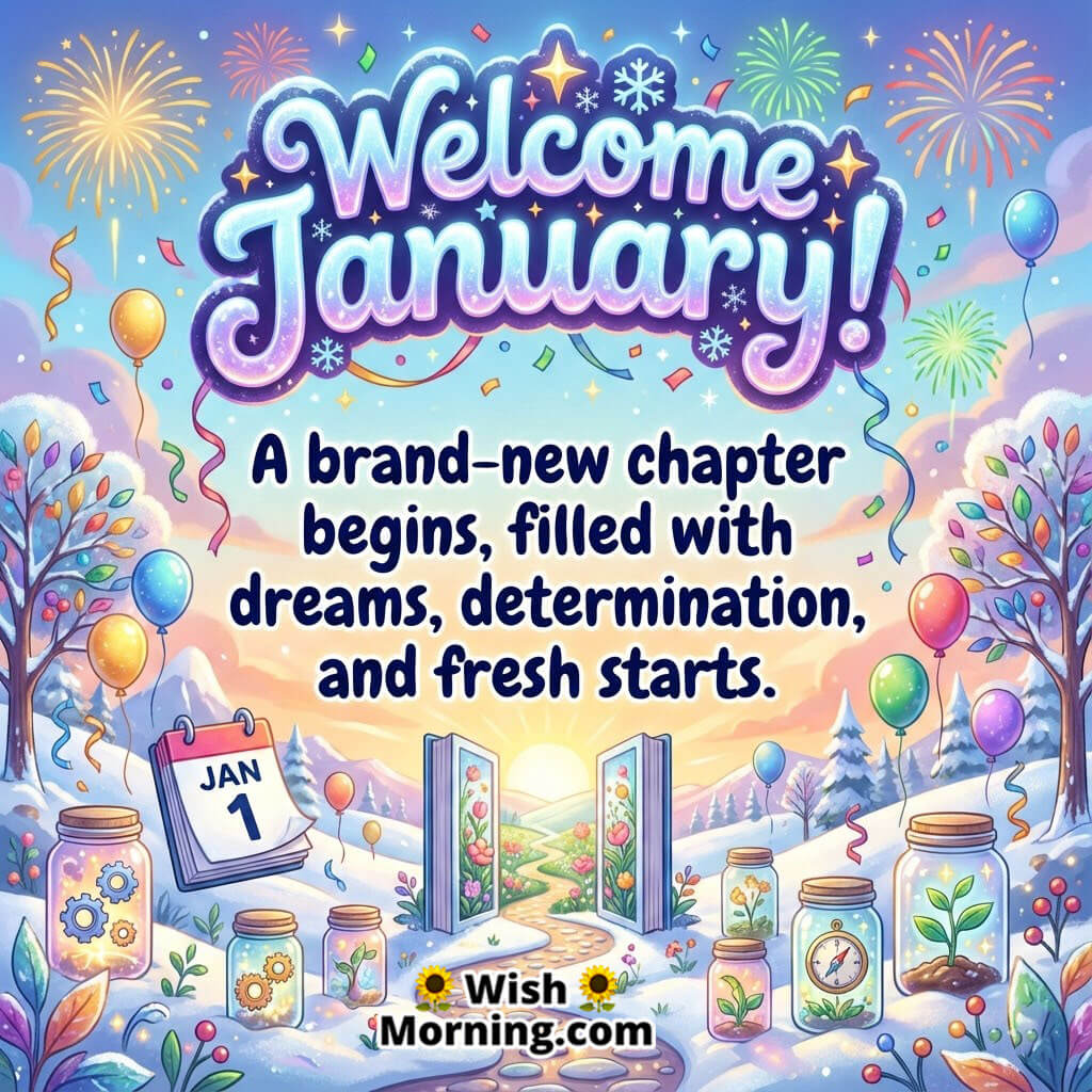 Welcome January Inspirational Wishes illustrated with colourful celebrations open doors balloons and symbolic elements representing dreams determination and fresh starts.