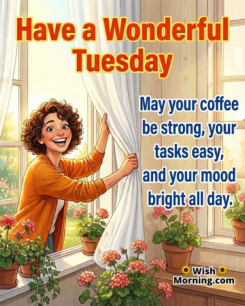 Wonderful Tuesday Morning Greeting Image featuring a cheerful person opening a bright window to welcome morning light symbolizing freshness, positivity, and a happy start.