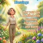 Wonderful Wednesday Morning Blessing Image featuring a cheerful person in a sunny garden smiling with open expressive eyes symbolizing warmth, positivity, and midweek joy.