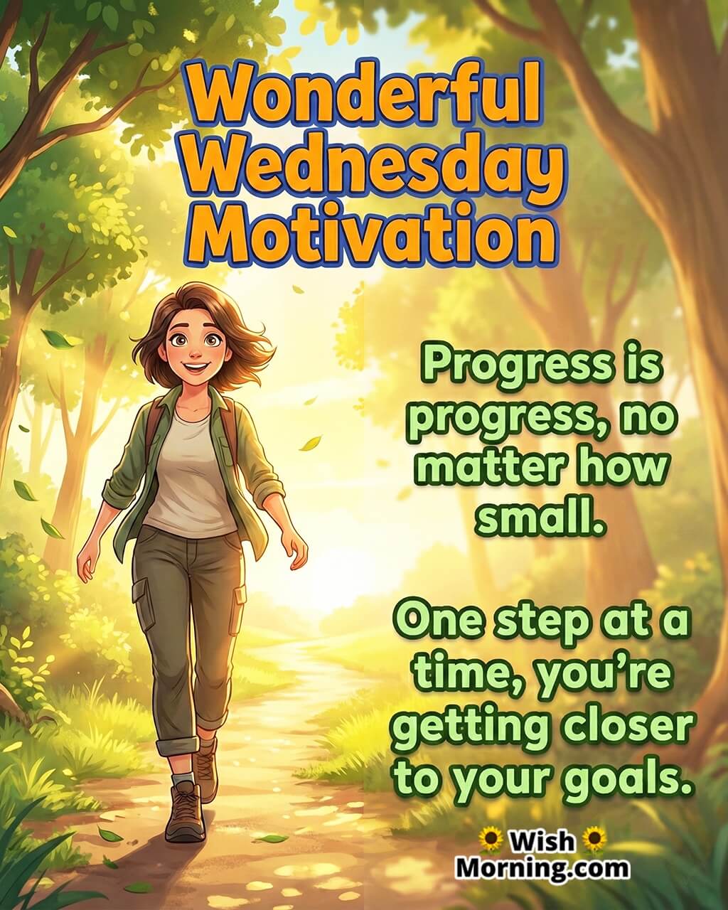 Wonderful Wednesday Motivation Quote Image featuring a confident person walking a sunrise path with open expressive eyes symbolizing growth, progress, and determination.