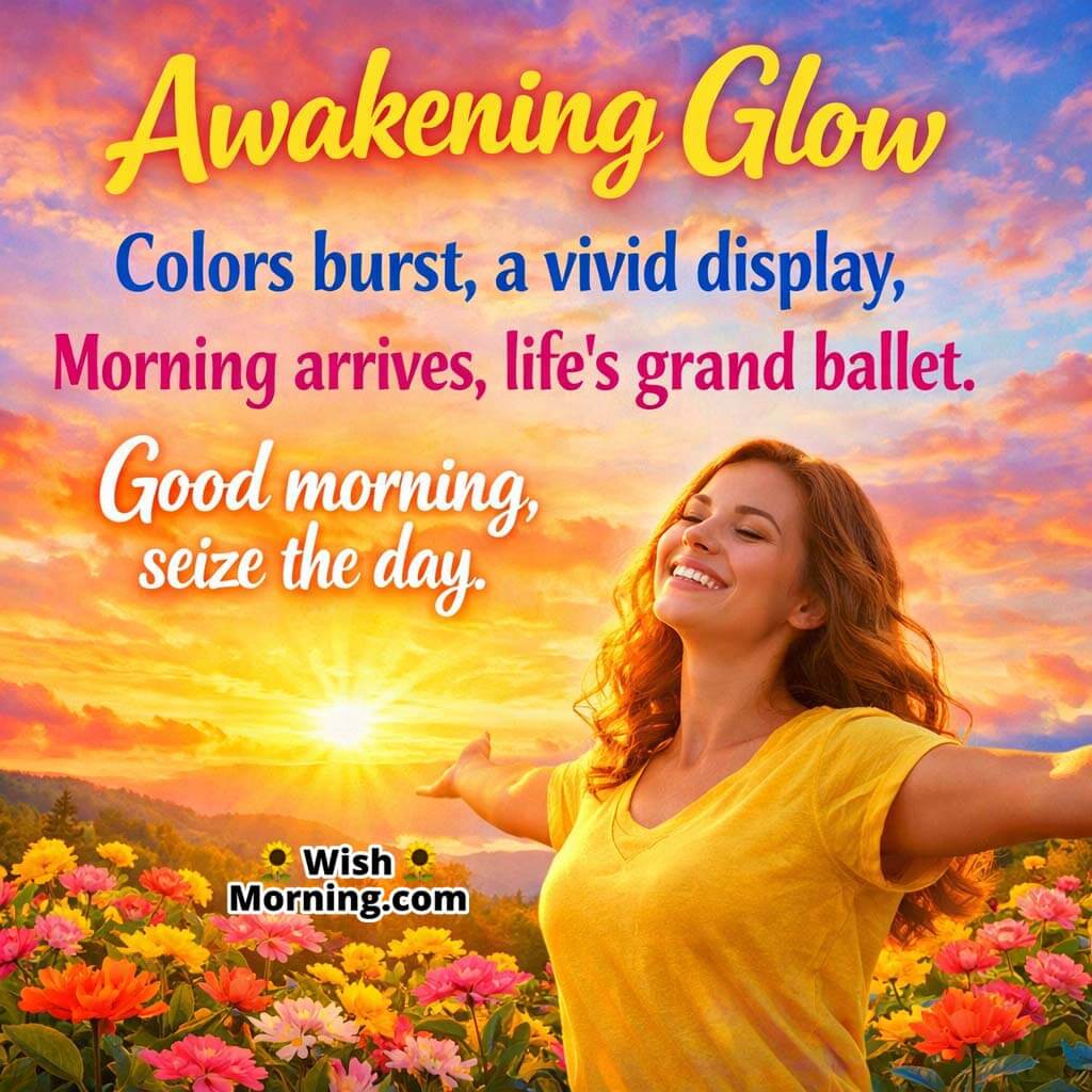 Awakening Glow Morning Poem showing a joyful woman welcoming sunrise among colourful flowers, symbolising fresh energy and a positive morning mood.