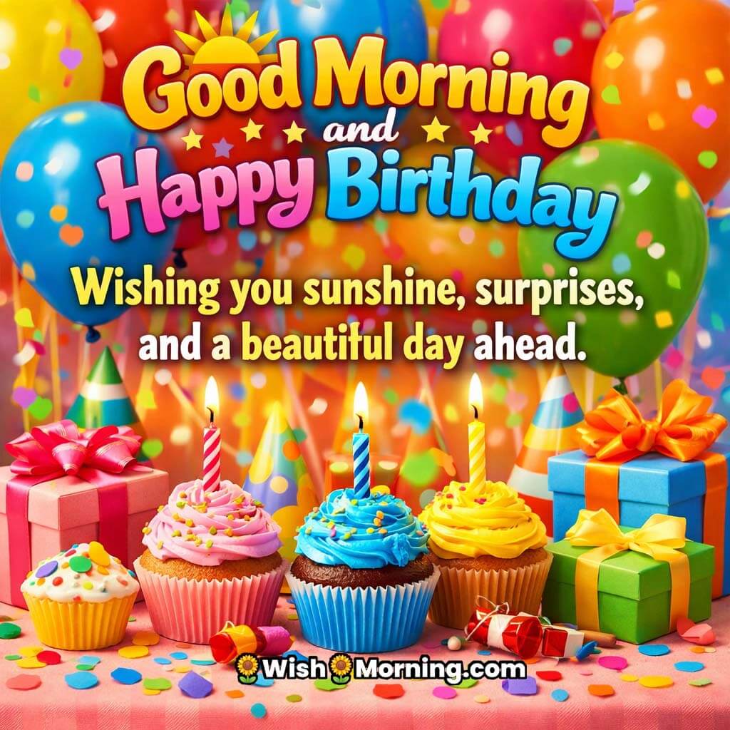 Balloon Surprise Good Morning Happy Birthday Wish image featuring colourful balloons cupcakes confetti and gift boxes on a festive table symbolizing excitement and cheerful birthday vibes