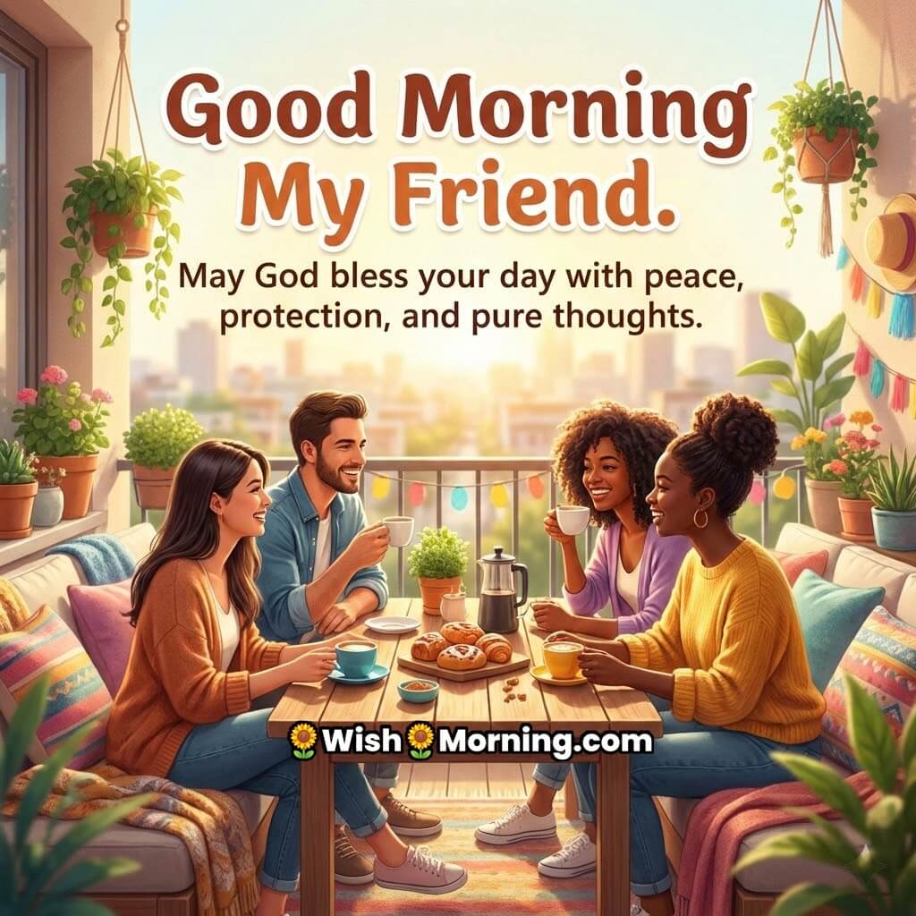 Good Morning My Friend image featuring friends sharing breakfast on a balcony with sunlight and plants, symbolizing blessings gratitude and peaceful moments.