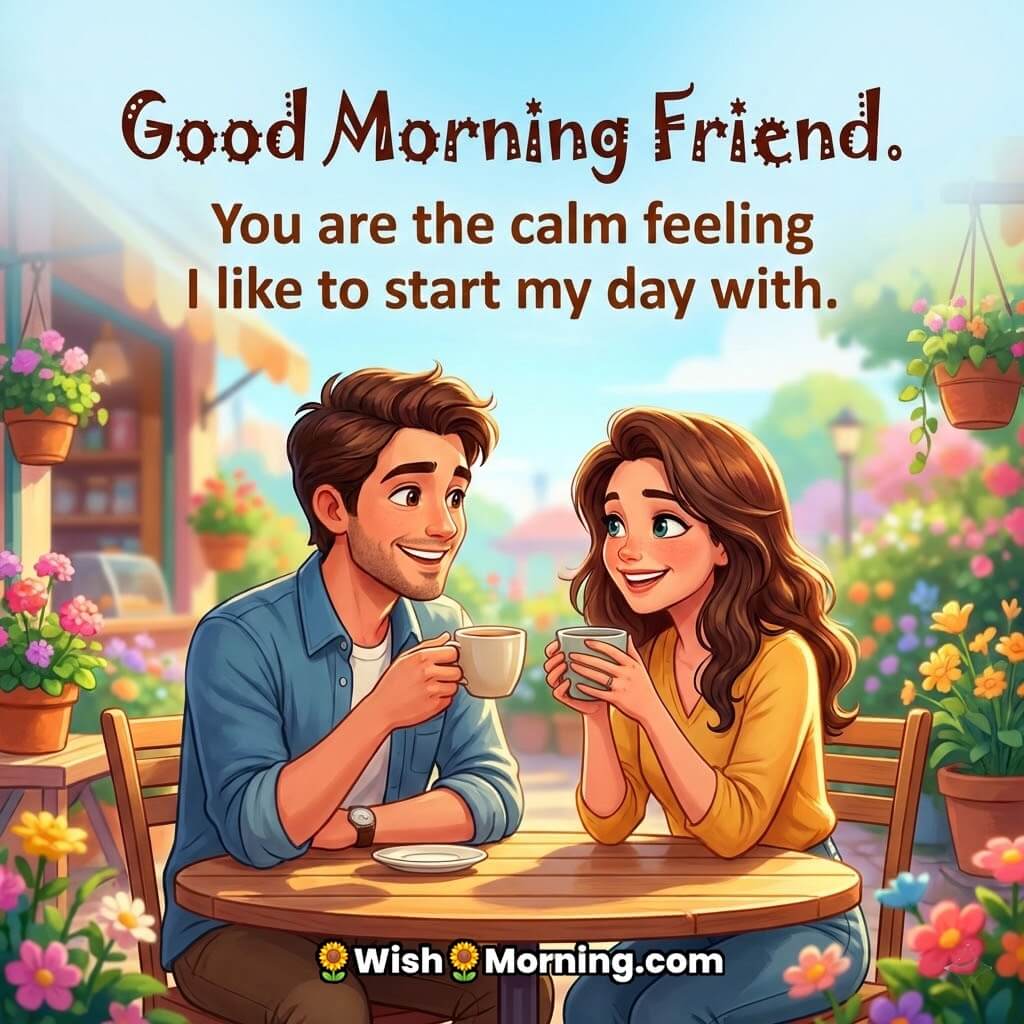 Good Morning Friend image featuring a couple enjoying tea together in a peaceful outdoor café, symbolizing calmness comfort and gentle mornings.
