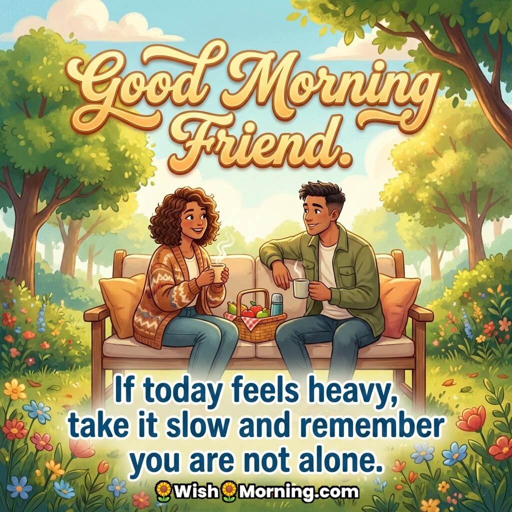 Good Morning Friend image featuring two friends sitting together with tea in a garden, symbolizing comfort emotional support and togetherness.