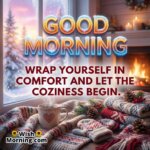 Cozy Winter Good Morning Message image featuring warm blankets coffee mug by a window with snowfall and soft indoor lighting, symbolising comfort warmth and a relaxed winter morning.