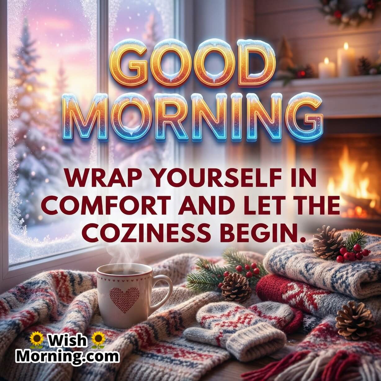Cozy Winter Good Morning Message image featuring warm blankets coffee mug by a window with snowfall and soft indoor lighting, symbolising comfort warmth and a relaxed winter morning.