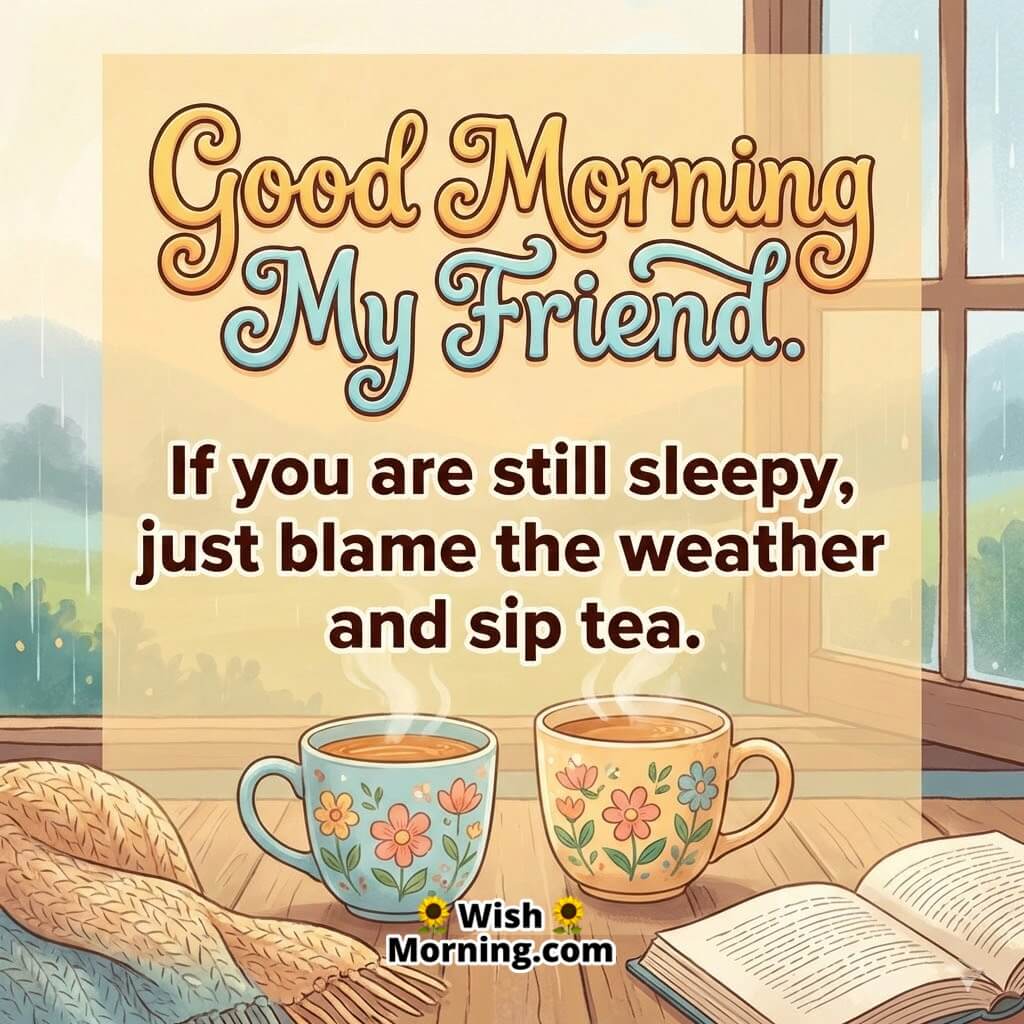 Good Morning My Friend image featuring two tea cups by a window with rain outside, symbolizing lazy mornings warmth and light humour.