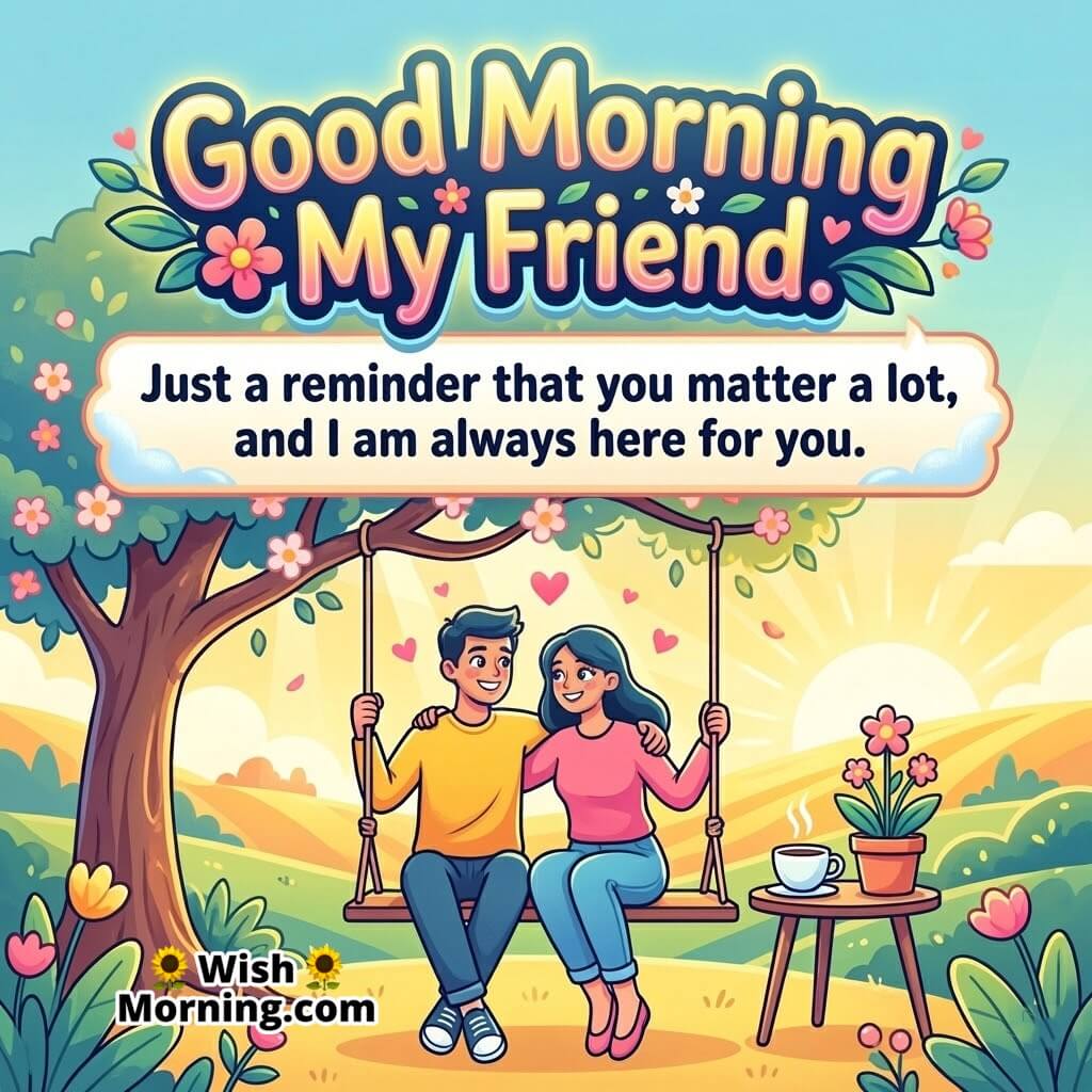 Good Morning My Friend image featuring a couple sitting on a swing in a garden with hearts and sunrise, symbolizing care support and strong friendship.