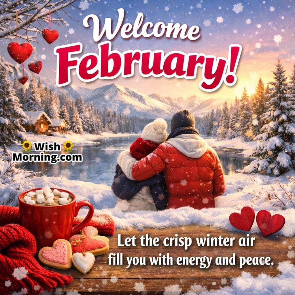 February Morning Togetherness image featuring a couple embracing near a snowy lake, symbolising love, warmth, and shared peace.