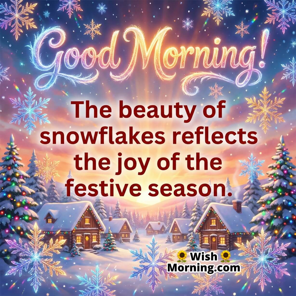 Festive Winter Good Morning Message With Snowflake image featuring colourful snowflakes glowing over a snowy village with decorated trees, symbolising celebration joy and winter warmth.