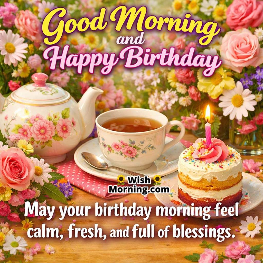Floral Tea Birthday Good Morning Blessing image featuring a teapot tea cup fresh flowers and a mini cake with candle symbolizing calm blessings and a fresh birthday start