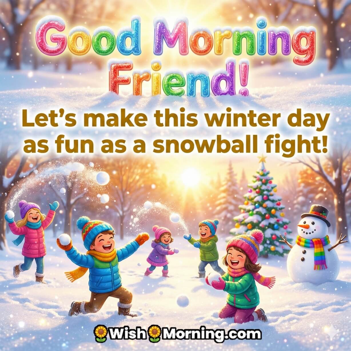 Fun Winter Good Morning Friend Message image featuring happy children playing in snow with a snowman and Christmas tree, symbolising joy friendship and playful winter vibes.