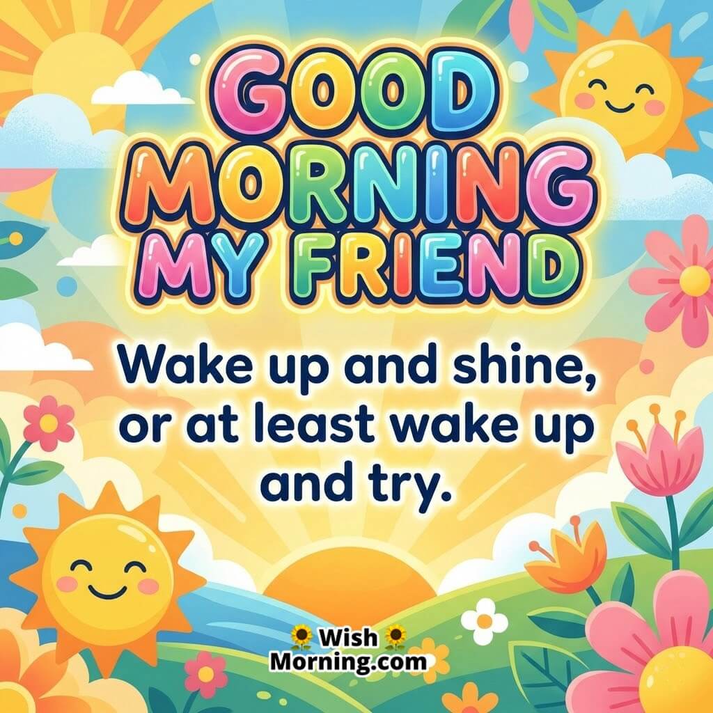 Good Morning My Friend image featuring smiling suns flowers and bright colours, symbolizing humour encouragement and a cheerful morning.