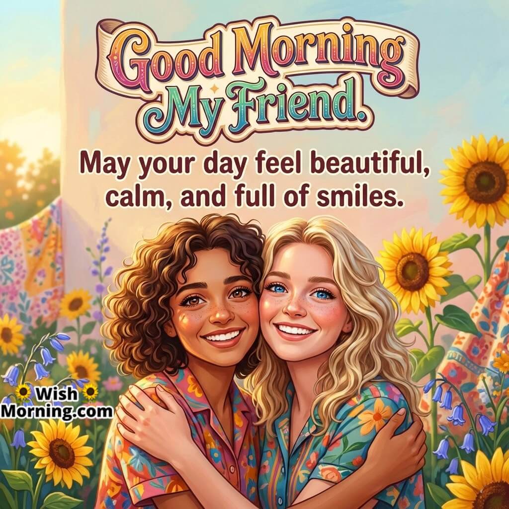 Good Morning Beautiful Day Wish for Friend image featuring two friends hugging in a sunny floral field, symbolising happiness warmth and emotional comfort.