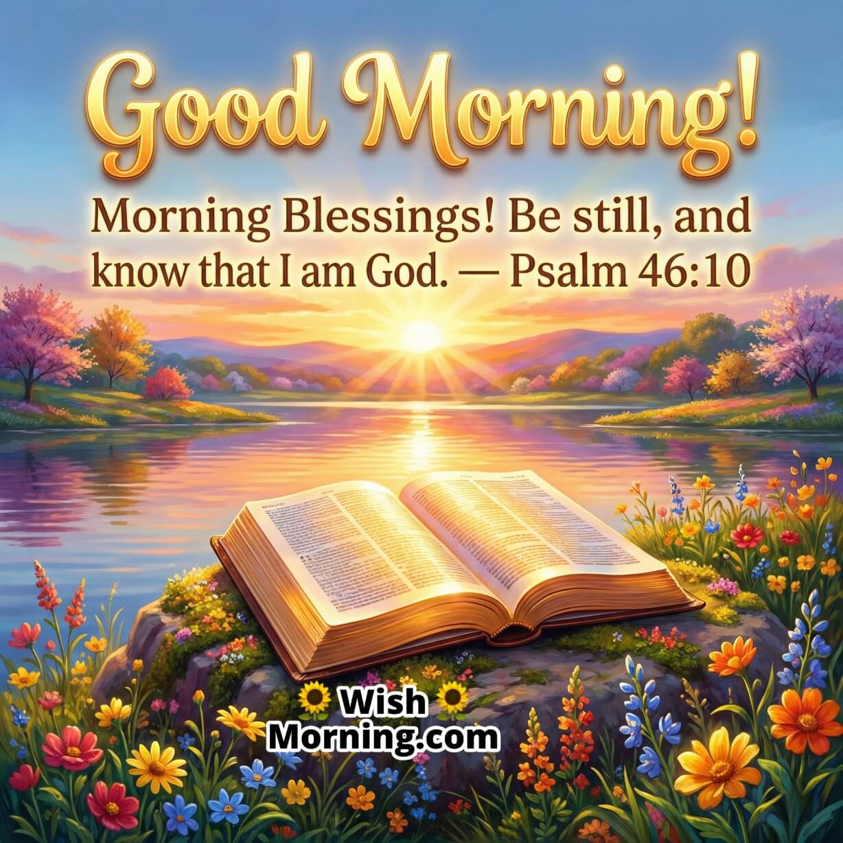 Good Morning Bible Blessing Image with Psalm 46:10, showing an open Bible placed near a calm lake during sunrise, with golden rays shining across peaceful water and colorful flowered landscape symbolizing divine stillness and morning reflection.