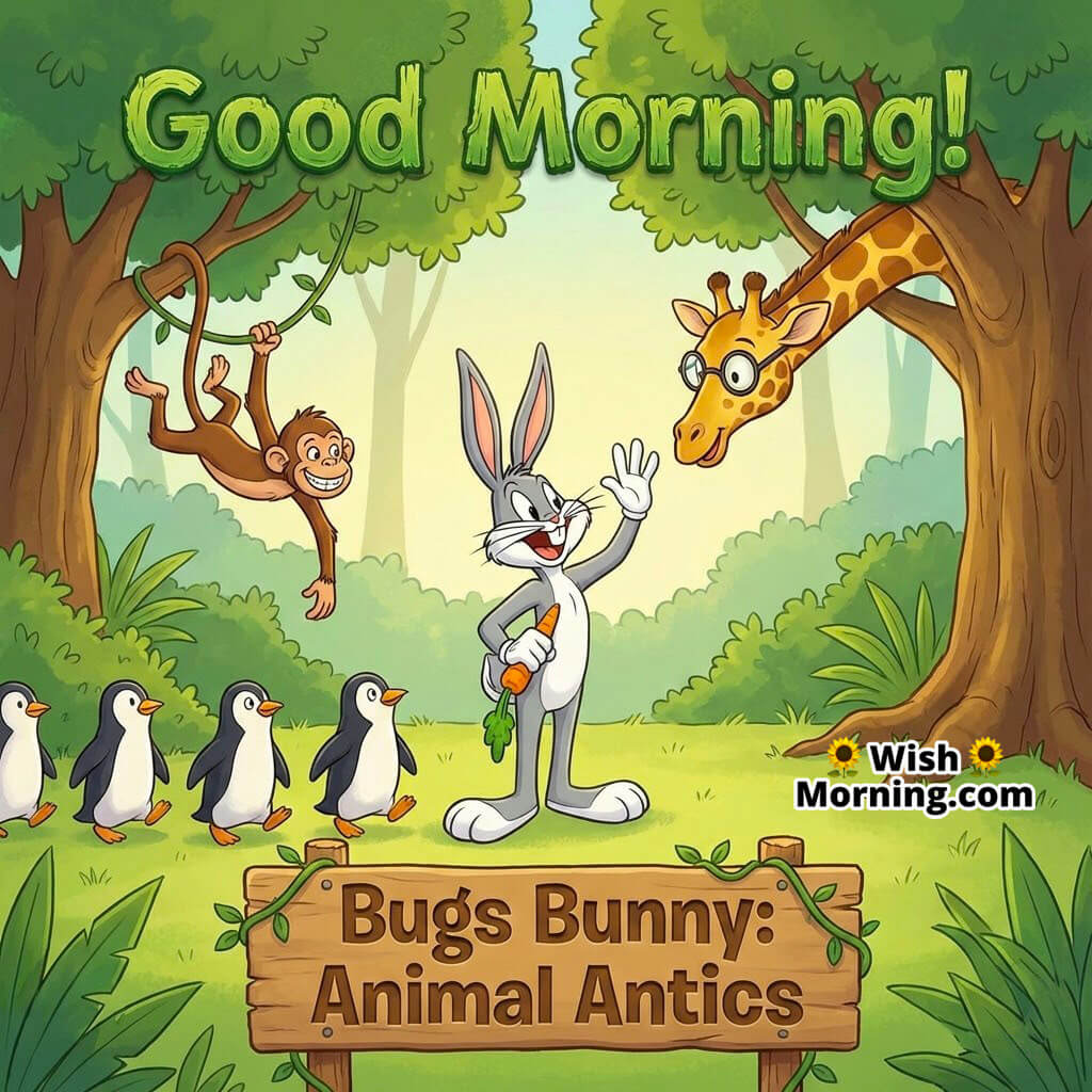 Good Morning Bugs Bunny Animal Antics with Bugs in a cartoon jungle surrounded by giraffes, monkeys, and penguins, title on a vine-hung sign.