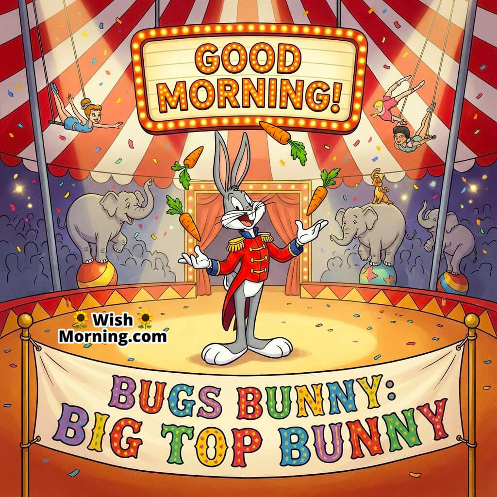 Good Morning Bugs Bunny Big Top featuring Bugs juggling carrots in a circus tent with elephants and clowns, comic title on a colorful ring banner.