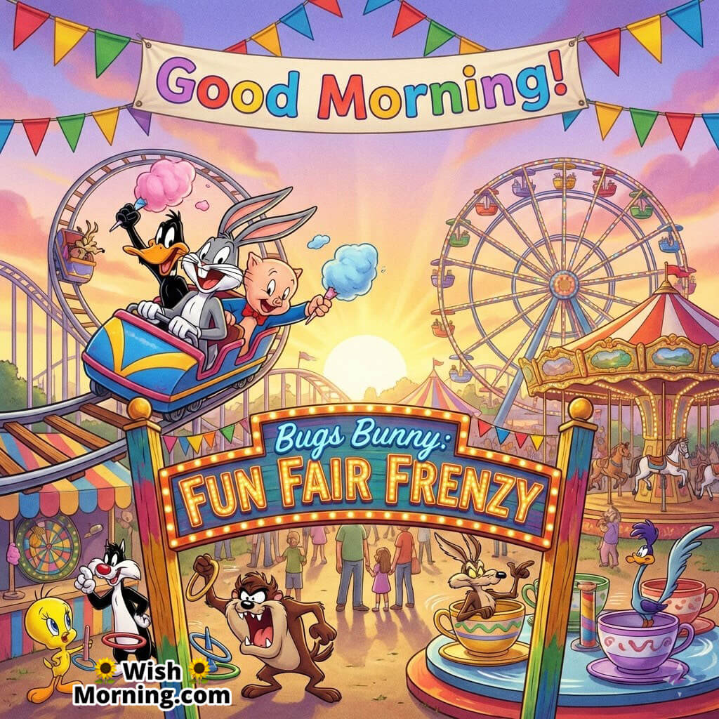 Good Morning Bugs Bunny Carnival Fun featuring Bugs on a roller coaster with friends and flying snacks, title placed on the fairground gate sign.