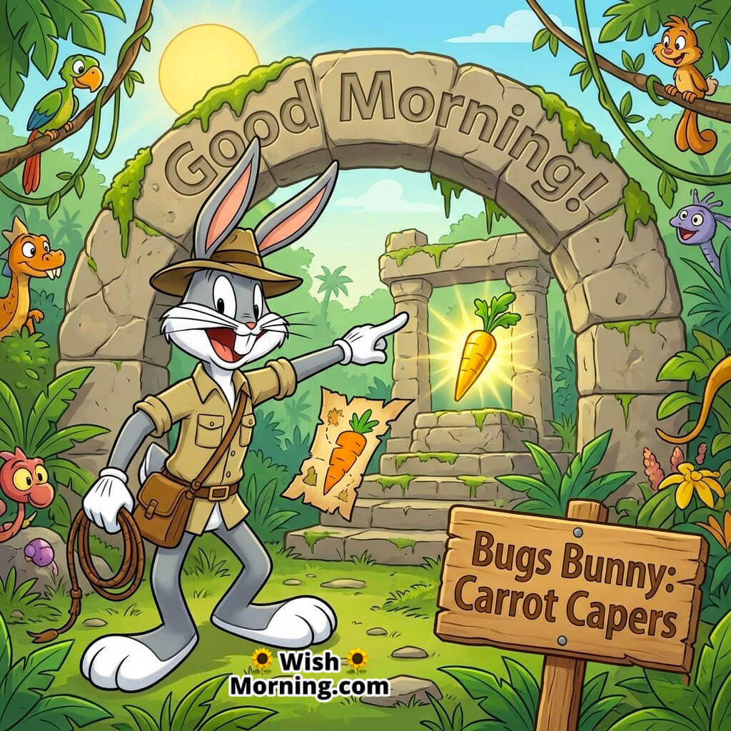 Good Morning Bugs Bunny Carrot Quest with Bugs dressed as an explorer in a jungle, golden carrot treasure ahead, title carved into a wooden sign.