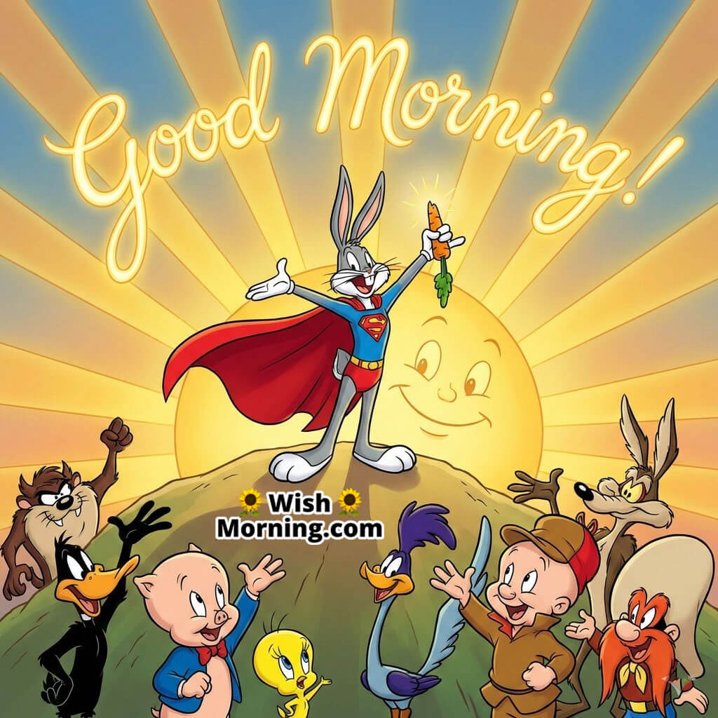Good Morning Bugs Bunny Finale Scene showing Bugs heroically standing on a cartoon hilltop at sunrise with arms wide, cape fluttering, and friends cheering below.