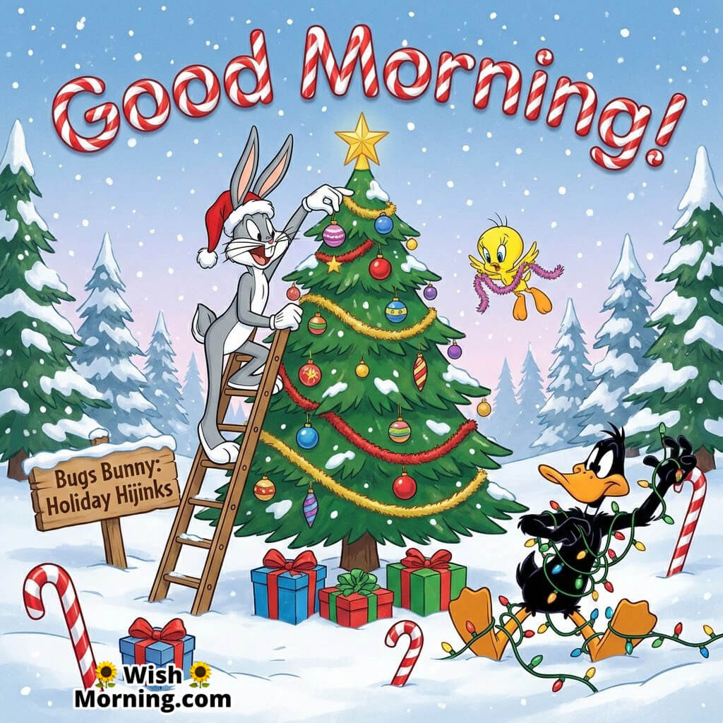 Good Morning Bugs Bunny Holiday Fun showing Bugs in a Santa hat decorating a tree with Tweety and Daffy, comic title on a snowy wooden sign.