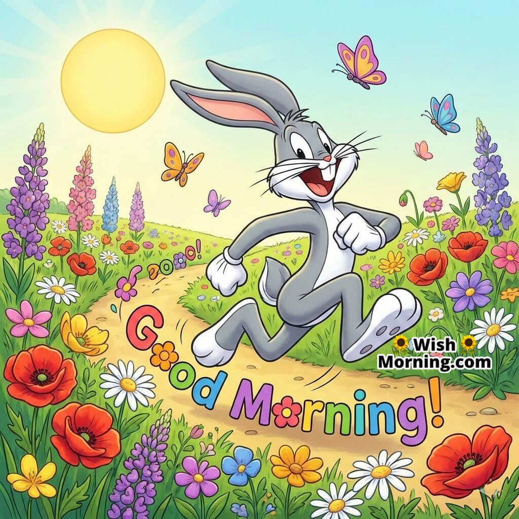 Good Morning Bugs Bunny Meadow Hop featuring Bugs joyfully hopping and skipping through a bright flower-filled cartoon meadow with butterflies fluttering all around.