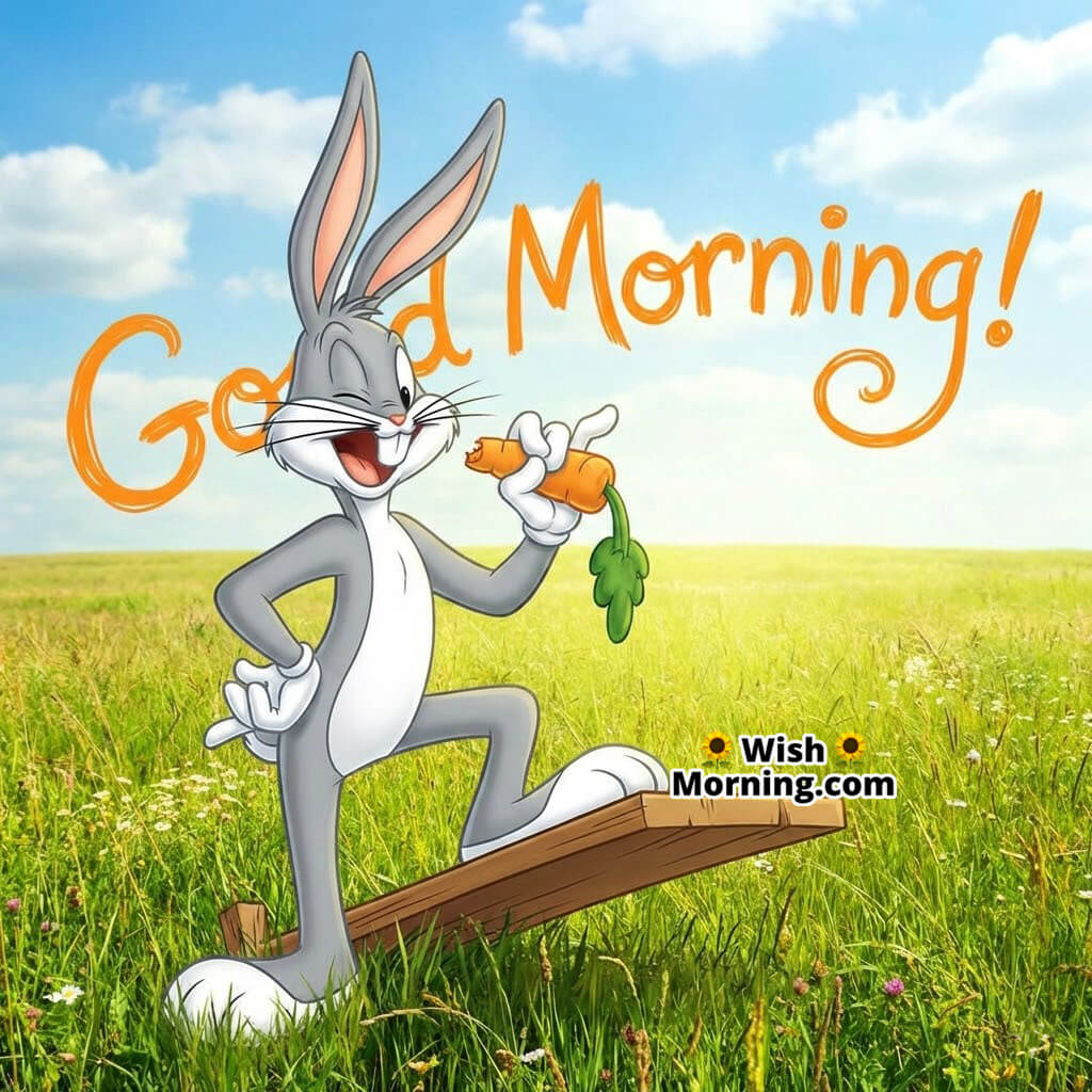Good Morning Bugs Bunny Mischief showing Bugs mid-prank with a smirk and carrot, bouncing on a springboard with swirling air trails and a sunny cartoon backdrop.