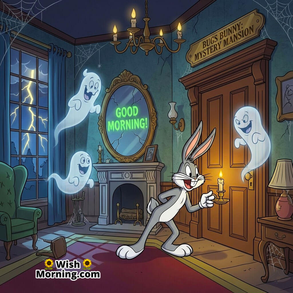 Good Morning Bugs Bunny Mystery Mansion with Bugs tiptoeing through a spooky hallway with playful ghosts, title glowing on an old nameplate.