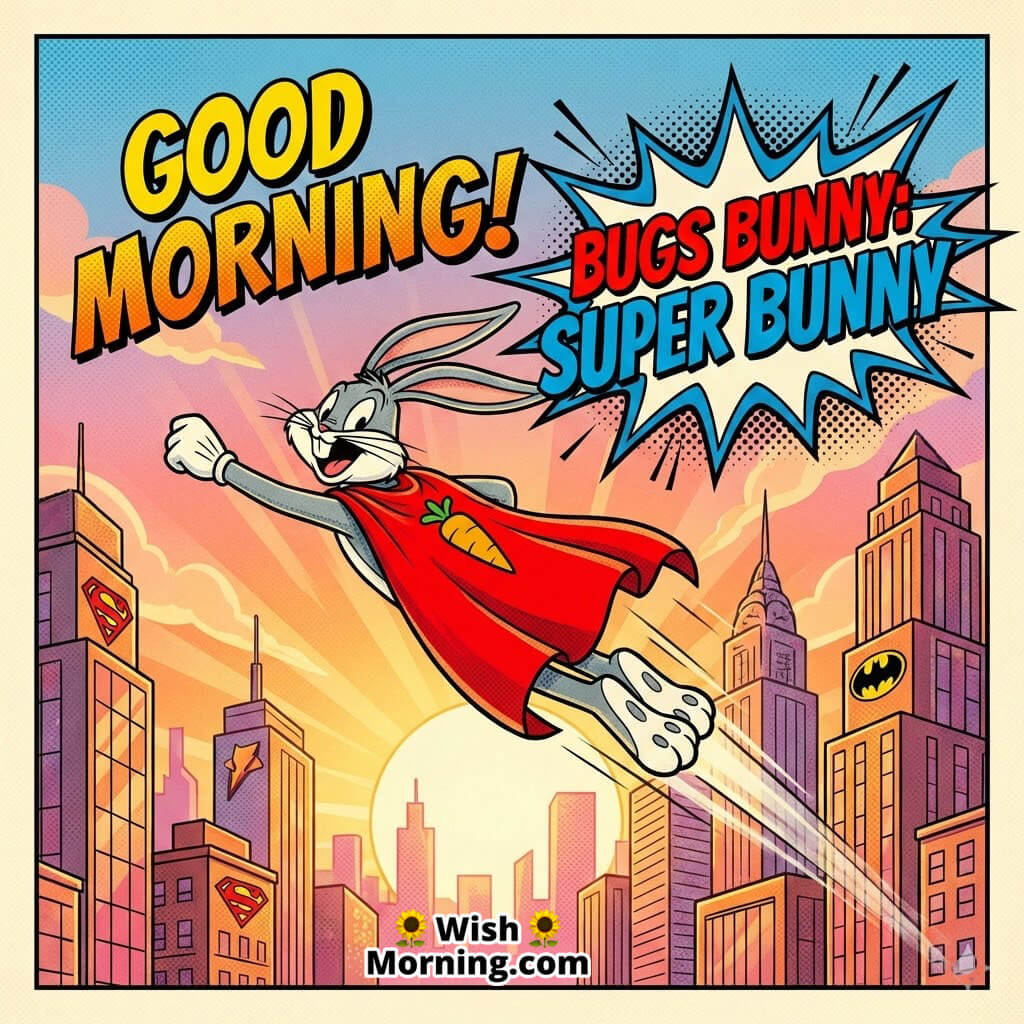 Good Morning Bugs Bunny Superhero Scene showing Bugs flying in a cape over a city skyline, comic title inside a red comic burst.