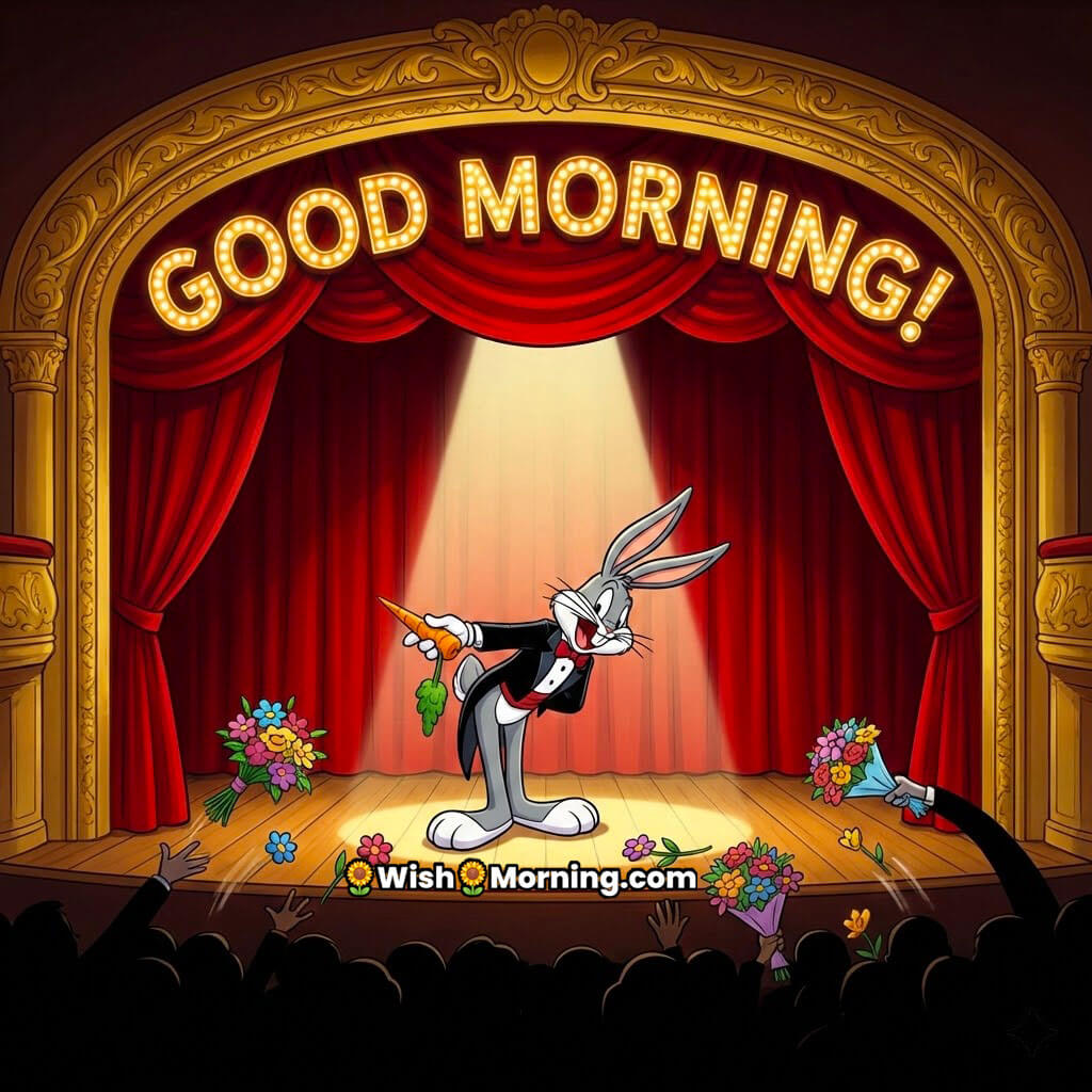 Good Morning Bugs Bunny Takes the Stage with Bugs bowing under a spotlight, holding a carrot as flowers fly and comic marquee lights glow in a cartoon theater.