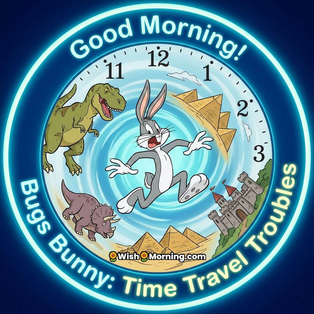 Good Morning Bugs Bunny Time Travel with Bugs leaping through a portal surrounded by dinosaurs and castles, title glowing around the portal frame.