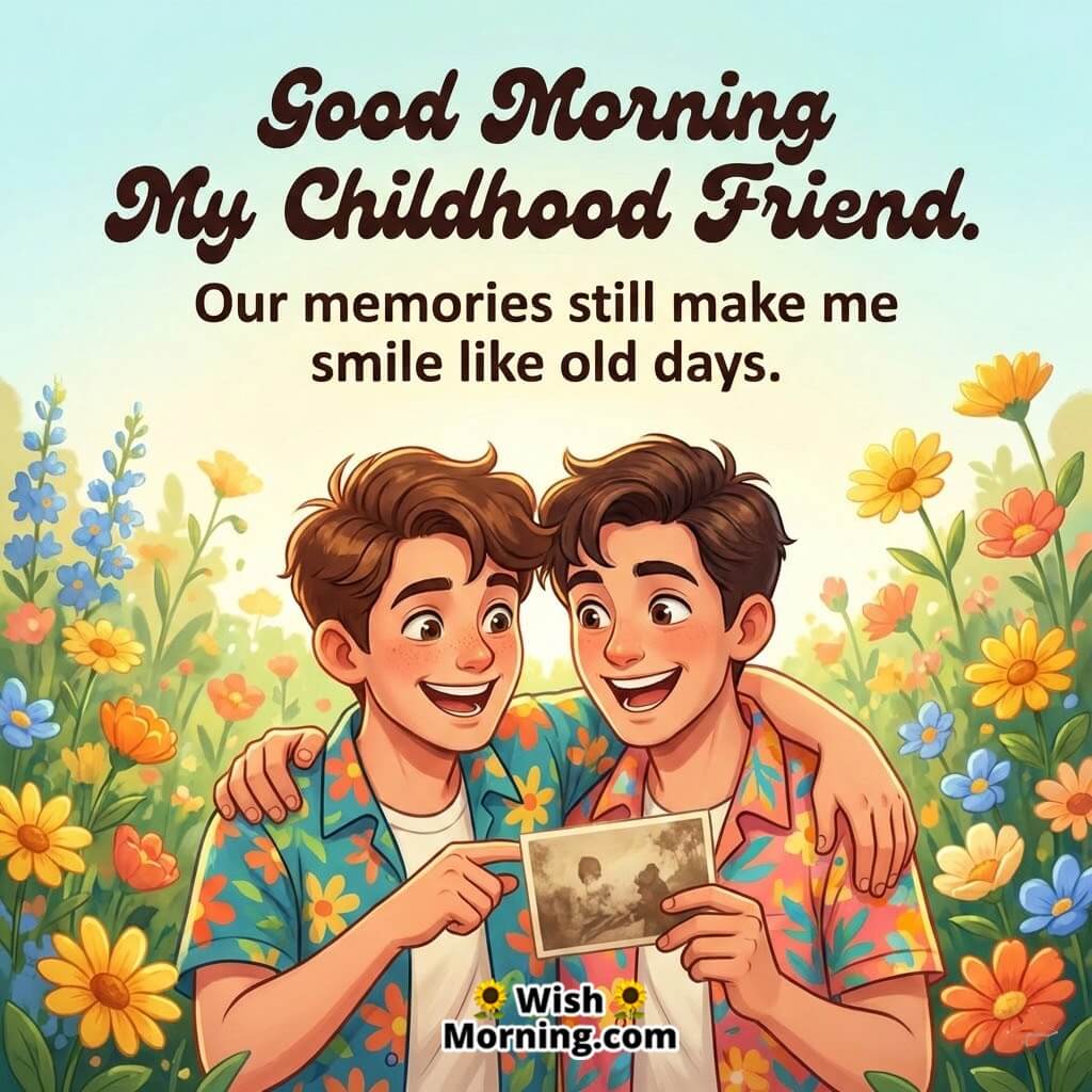Good Morning My Childhood Friend image featuring two friends holding an old photo in a flower field, symbolizing nostalgia memories and lifelong bonding.