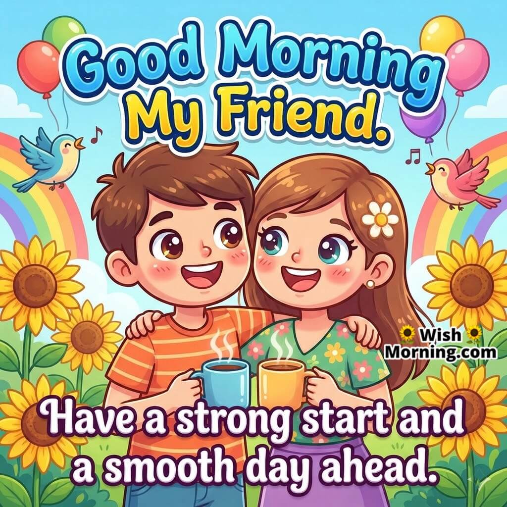 Good Morning Encouraging Message for Friend image featuring smiling friends with coffee cups surrounded by sunflowers and balloons, symbolising strength confidence and positivity.
