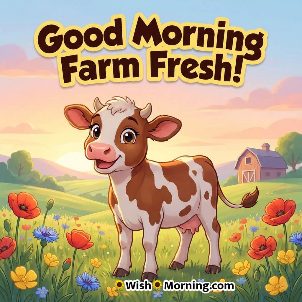 Good Morning Farm Fresh featuring a cute calf standing in a colourful field with morning sunlight, symbolizing freshness and simple joy.
