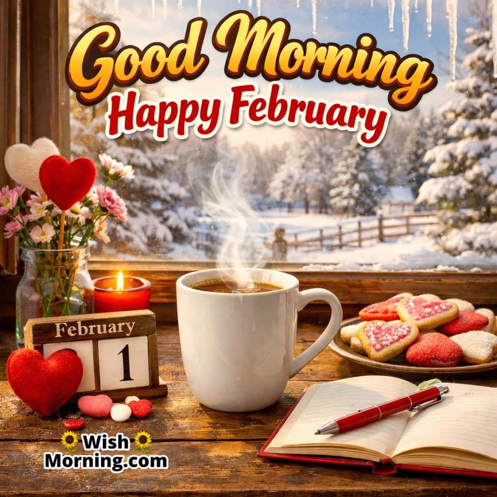 Good Morning February Coffee image featuring a steaming cup with a February calendar and cookies, symbolising fresh starts and cosy mornings.